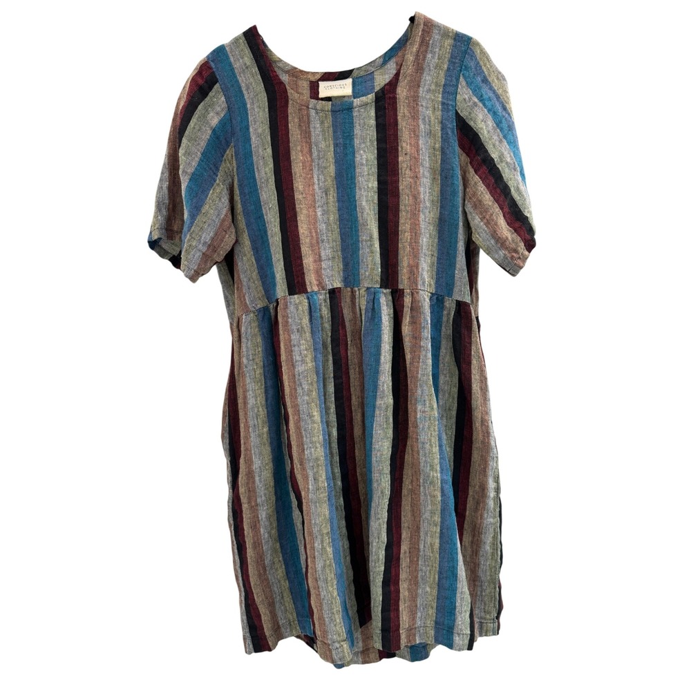 Conscious Clothing Dress Womens Small Multi Color Striped 100% Flax Linen Pocket
